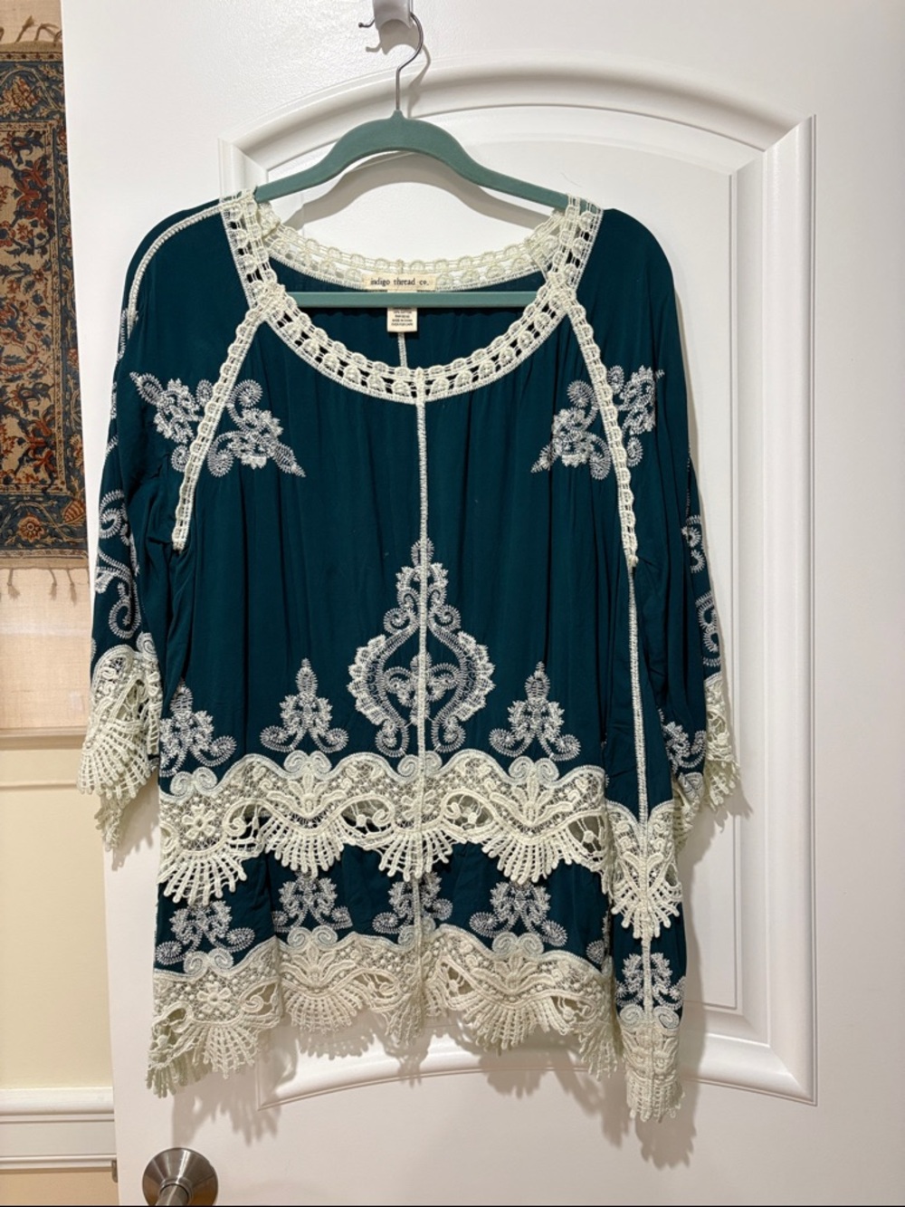 Indigo Thread Co. Dark Teal Tunic with Cream Crochet Embroidered Accents L